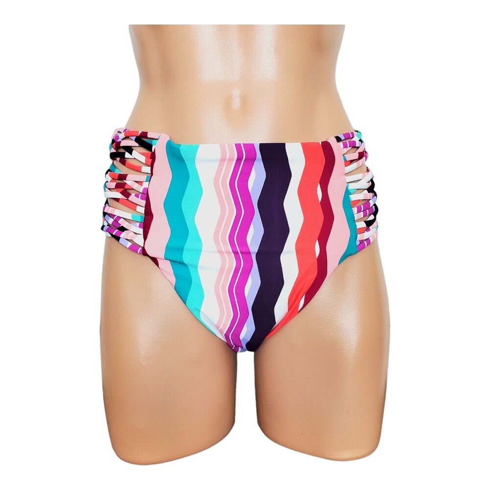 Bar III Waves Printed Strappy High waist multicolor bikini bottom size M
